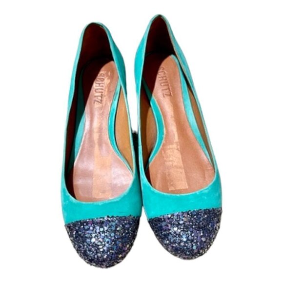 Schutz Teal Suede Cap Toe Heels with glitter Size 7 - Picture 1 of 8